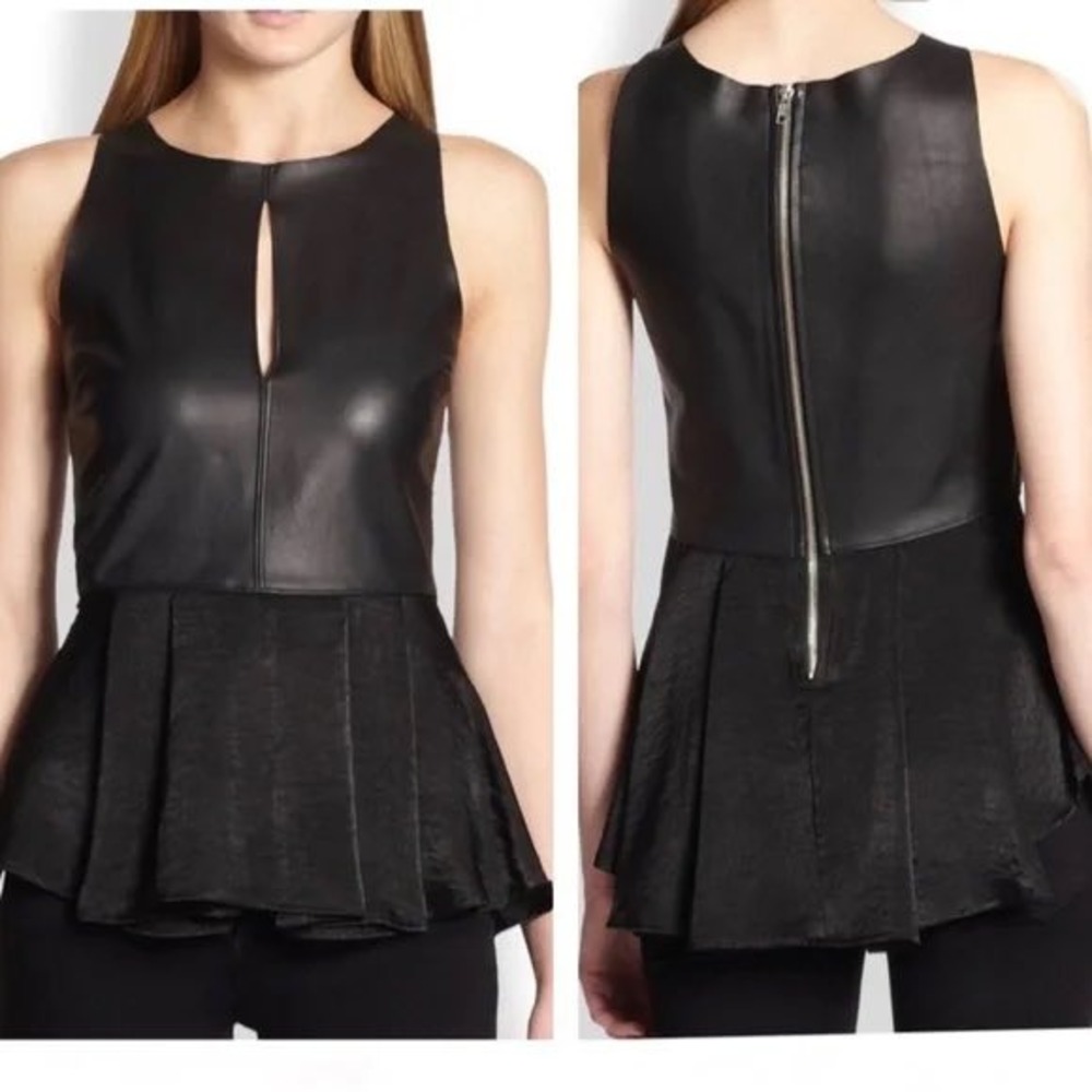 PJK Patterson J Kincaid 100% Lamb Leather Keyhole Pleated Peplum Top Black S‎